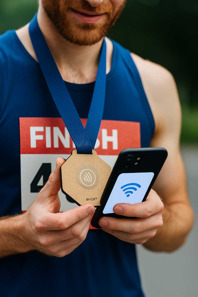 Coureur scannant sa médaille NFC après la course